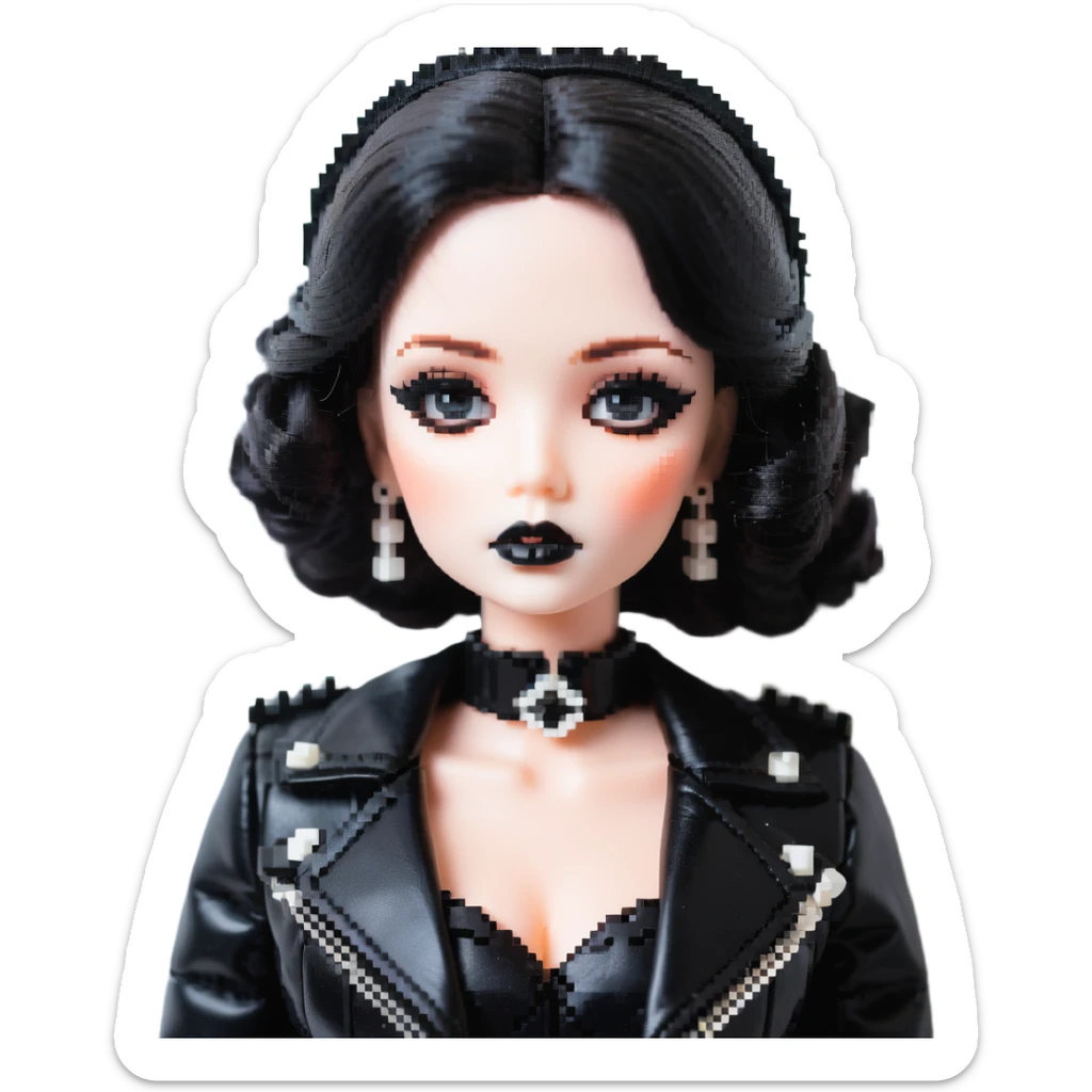 Chucky's bride doll with black lipstick, black dress, leather jacket, smoky eye makeup sticker