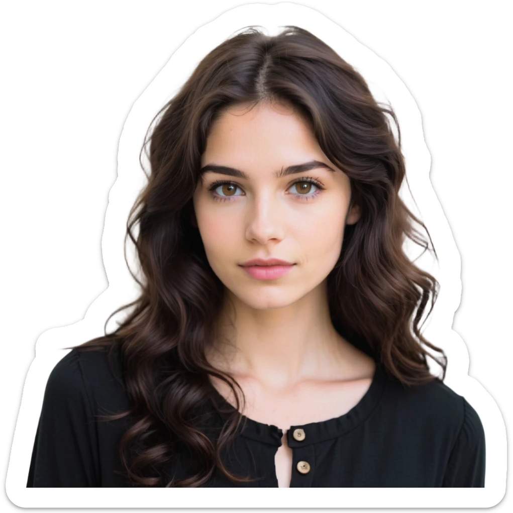 27 year old Caucasian woman with fair skin, brown eyes, long wavy dark brown hair, wearing a black top with a button sticker