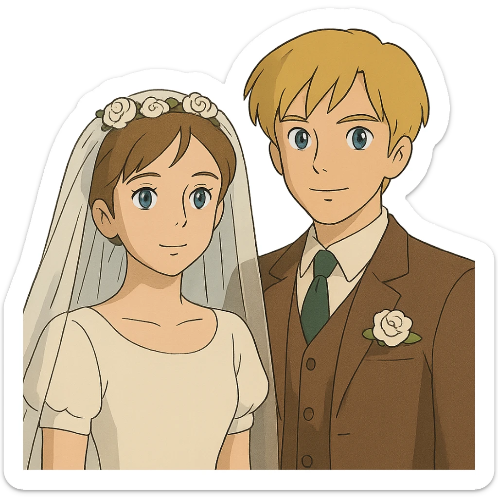ghibli style portrait of a bride with light brown hair and grey-blue eyes, and a groom with blonde hair, blue eyes, wearing a brown suit sticker