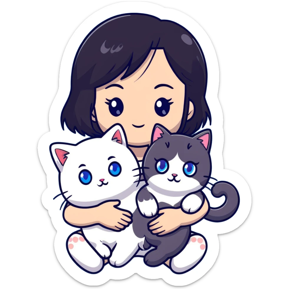 Cute Asian girl with black hair cradling a fluffy ragdoll cat with blue eyes sticker