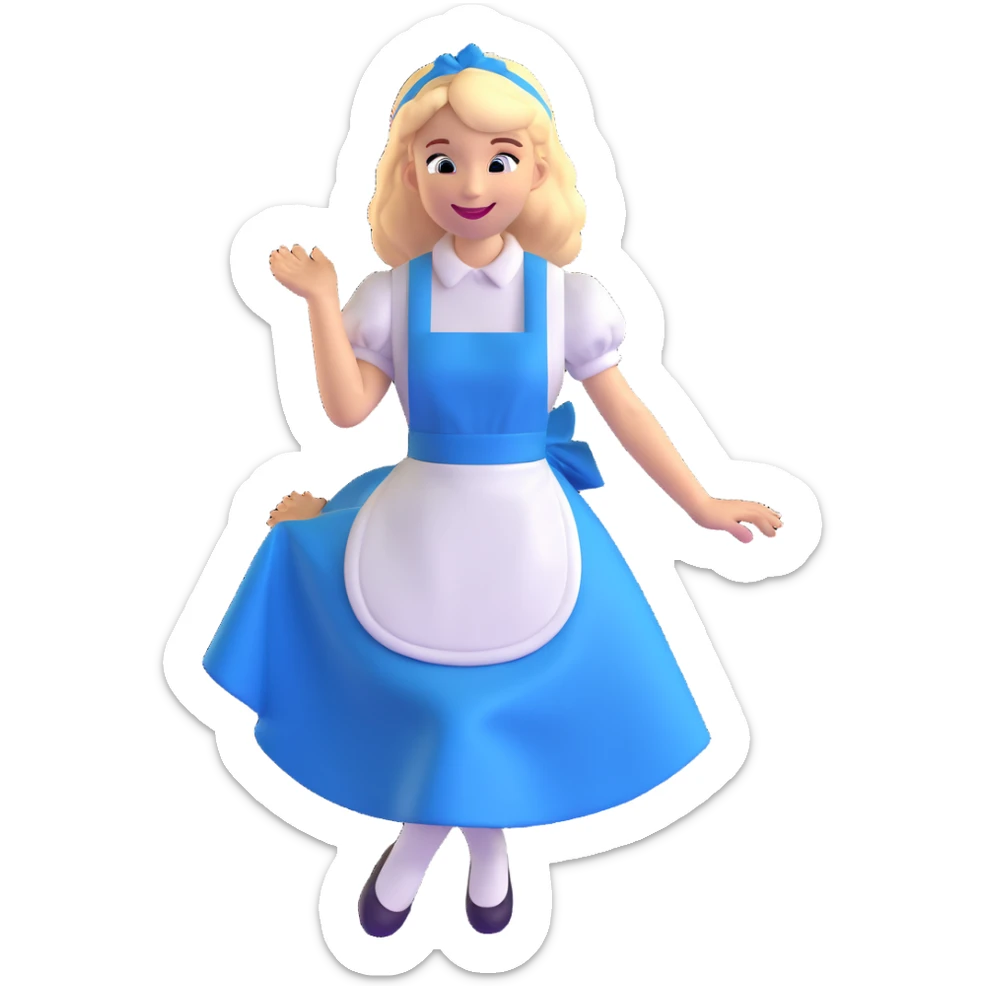 Disney's Alice in Wonderland with a big smile while curtseying in her blue dress with white apron sticker