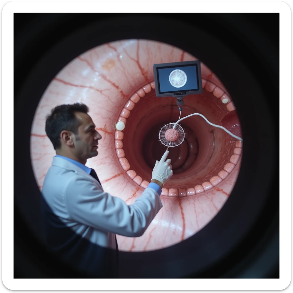 realistic colonoscopy on adult man, monitor showing small polyp removed with snare, doctor in white coat pointing to suspicious area, clinical setting sticker