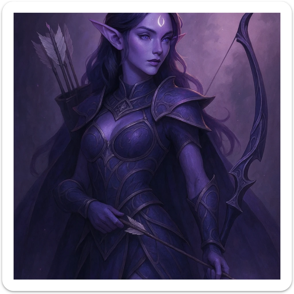 purple fantasy elf archer, elegant, magical, bow and arrows, pointed ears, fantasy armor sticker
