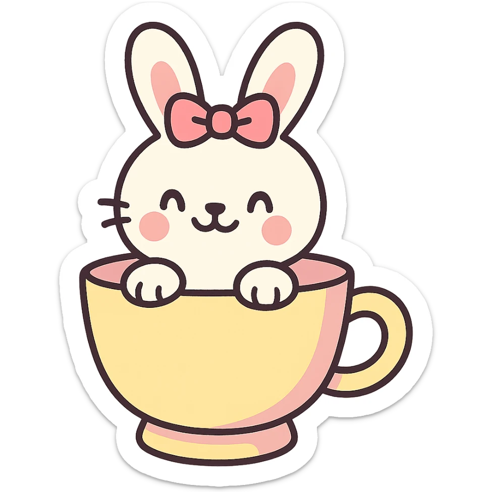 cutesy white bunny rabbit with a pink bow, peeking out of a teacup, pastel toon style sticker