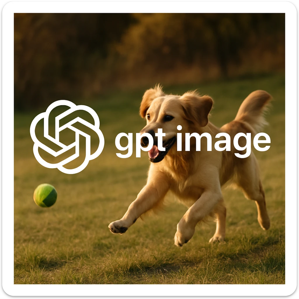  logo of chat gpt with text "gpt image" on the background of a dog chasing ball, realistic image sticker