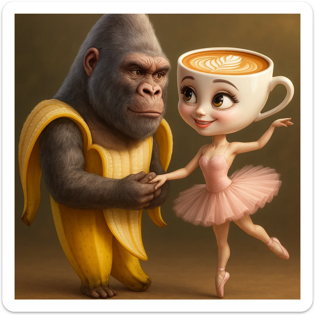 Combine the gorilla-banana character and the coffee-cup ballerina character as a couple in a new, stylish pose. Make them look affectionate and playful, keeping their original styles and colors. Place them together in a creative, dynamic pose that shows their connection as a couple, preserving the distinct features and colors of both characters. sticker