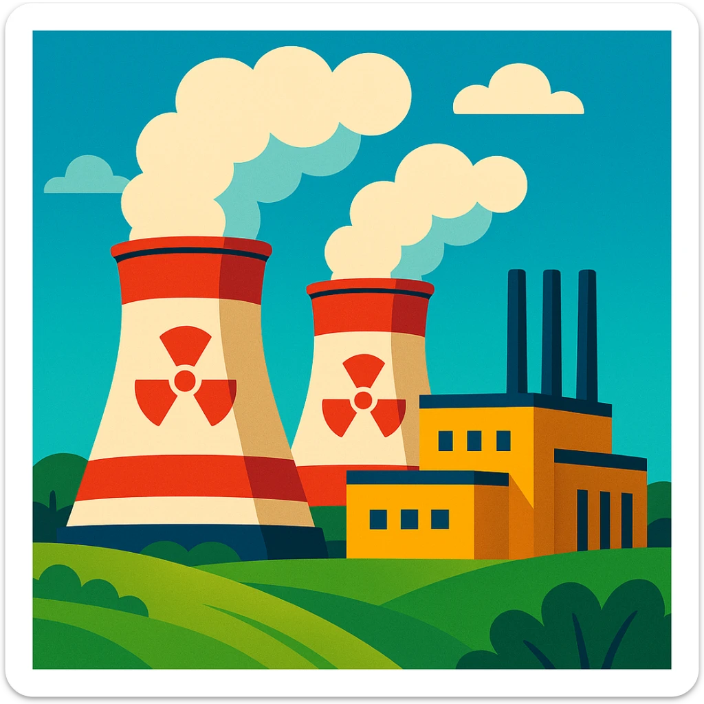 stylized illustration of a nuclear power plant with cooling towers, green landscape, clean energy, minimal background sticker