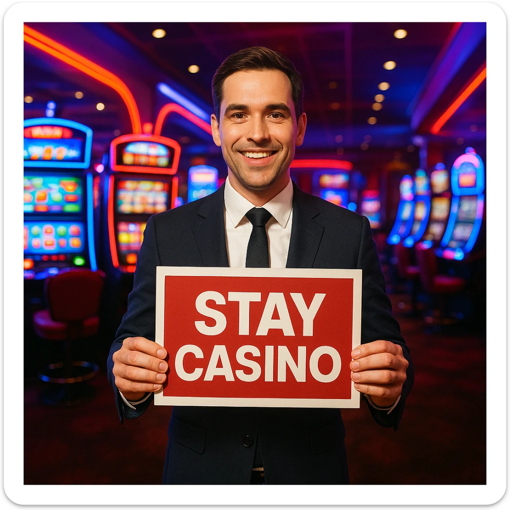 A man in a suit, holding a 'Stay Casino' sign, casino background with slot machines and neon lights. sticker