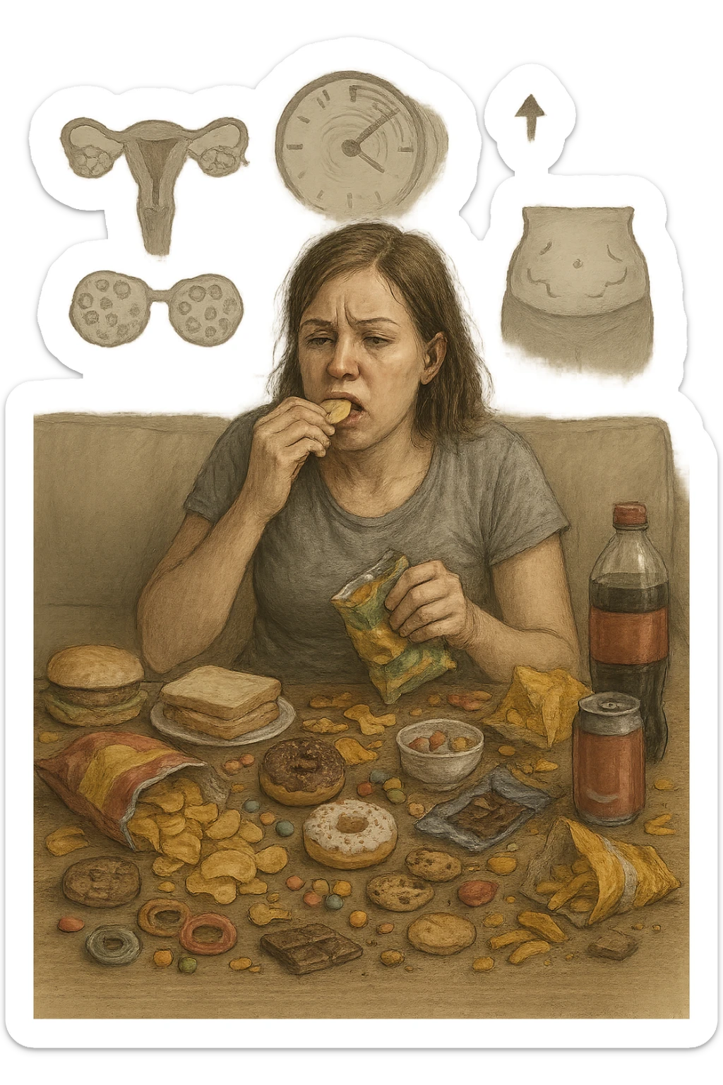 Donna tra i 25 e i 35 anni seduta sul divano o a un tavolo disordinato, circondata da cibi sparsi e poco sani: patatine, dolci, pane bianco, snack confezionati, bibite. Mangiando di fretta, ha un’espressione stanca e frustrata. Intorno a lei, in trasparenza o come illustrazione simbolica, si vedono gli effetti della PCOS peggiorata: ovaie con cisti multiple, squilibrio ormonale (↑ insulina, ↑ androgeni), gonfiore addominale. Sullo sfondo, orologio che corre o caos visivo che comunica disorganizzazione alimentare. Colori spenti e atmosfera stanca. Stile realistico con elementi simbolici e informativi. sticker