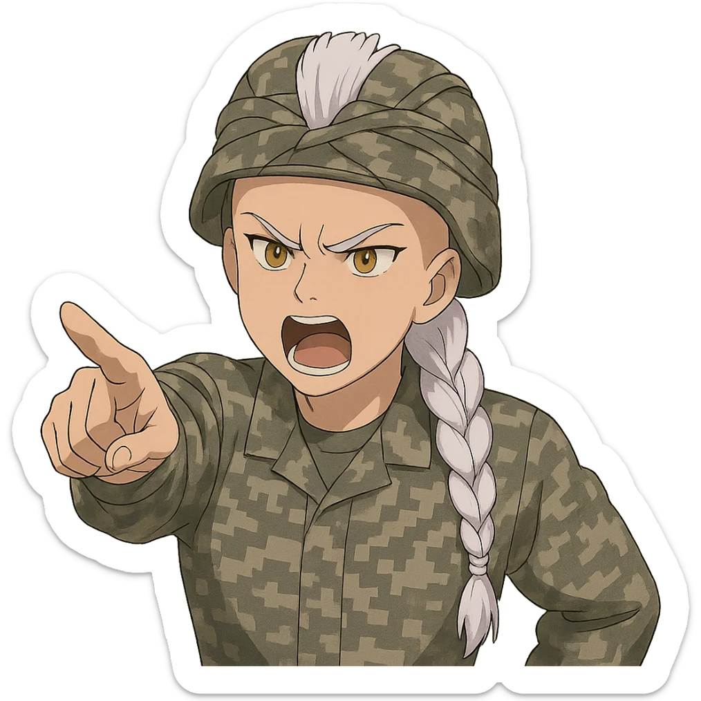 Style of Anime, 1 female, gold yellow eyes, white hair lavender tips, locks in front, mohawk, long white braid, she is a drill sergeant at work, focused facial expression, shouting command, eyes looking down in front of her, pointing a blade hand gesture to the forward direction, uniform of gray large scale digital camo. her head is covered with a PAGS style wrapped ballistic helmet sticker