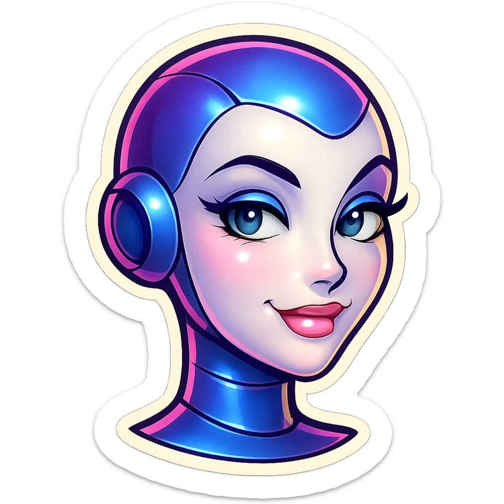 sexy but stylish female bot, Telegram sticker style, very pale skin, neat facial features, large expressive eyes, soft smile, light flirt expression, head only without neck, white background sticker