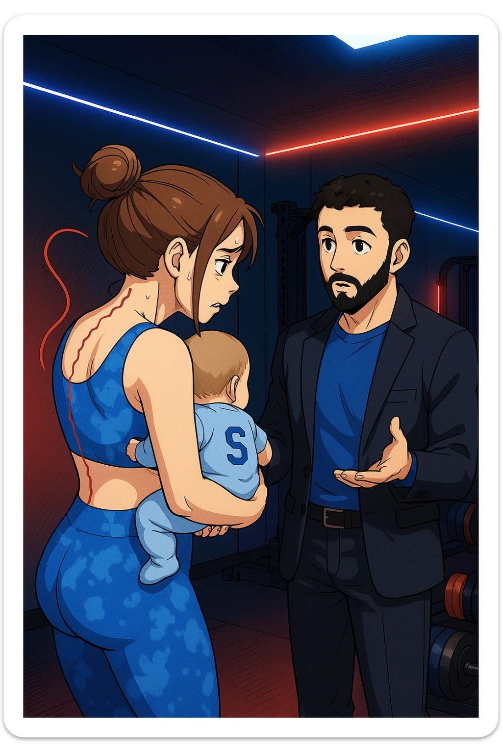 ispirati a questo stile di disegno e fai questa immagine in versione manga/webtoon a colori, il manga mostra la donna preoccupata di profilo con la postura sbagliata e incurvata, spalle chiuse e curve in avanti, con un neonato in braccio con una tutina azzurra e la scritta "S" sulla schiena, spina dorsale storta della donna in evidenza mentre ascolta l'uomo mentre l'uomo gli sta spiegando una cosa, ma non fare i fumetti, fai come se stessero parlando sticker