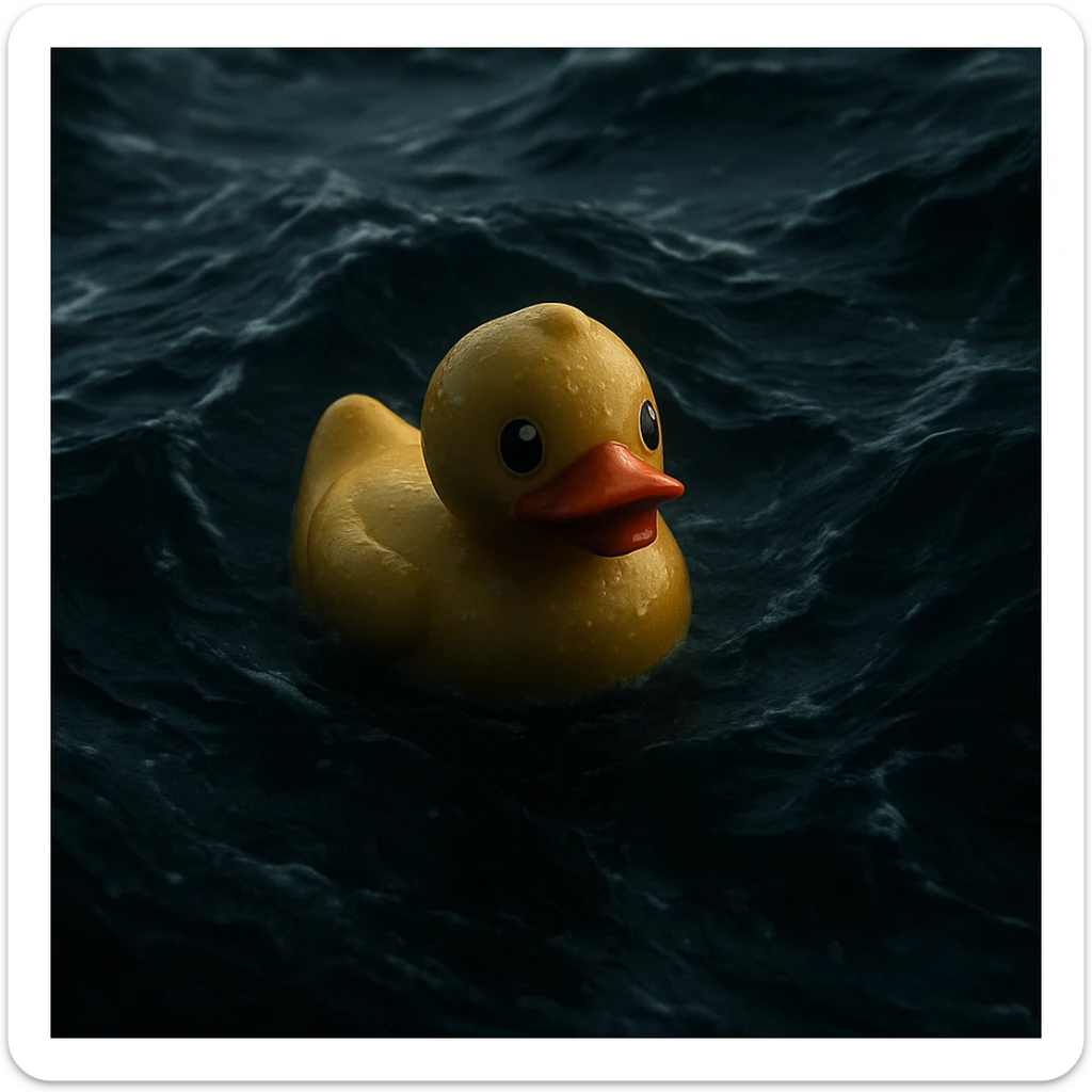 Cinematic still, Extreme Closeup shot of Yellow duck toy on ocean during storm, Camera from top, inspired by interstellar sticker