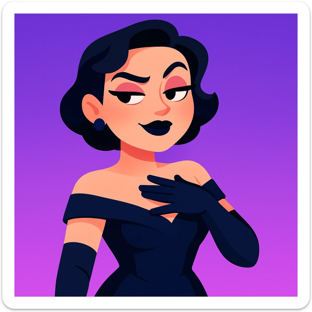cute animated 3D cartoon character of a glamorous woman with short black hair in elegant curls, wearing a dark navy blue off-shoulder gown and long black gloves, confident slightly smug facial expression with bold dark makeup including black lipstick and sharp eyebrows, hand placed on chest as if in disbelief or sass, bright purple gradient background, mobile game character art style sticker