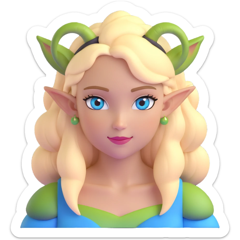 pretty girl with blonde hair, blue eyes, green ogre ears sticker