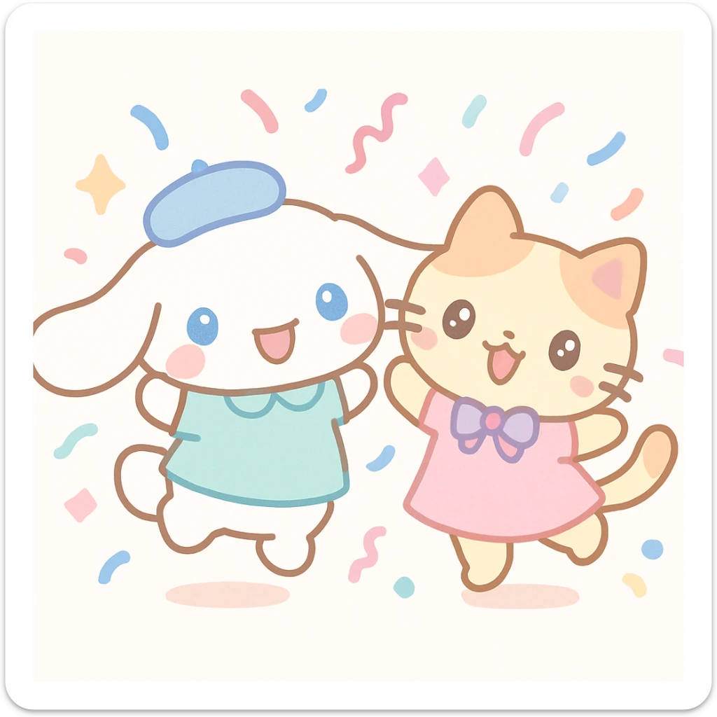 Cinnamoroll and a cat dancing together at a party, kawaii style, confetti, joyful expressions, cute outfits sticker