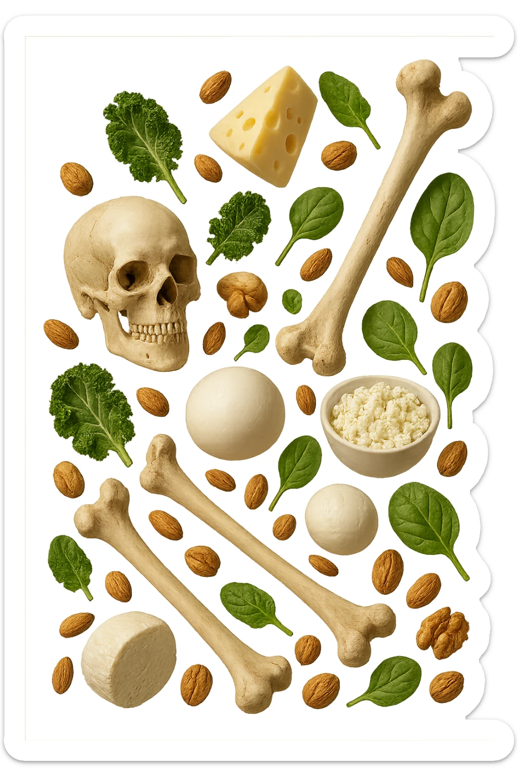 latticini, verdure a foglia verde, frutta secca fluttuano in aria insieme ad ossi umani realistici, iperrealistici 4k sticker