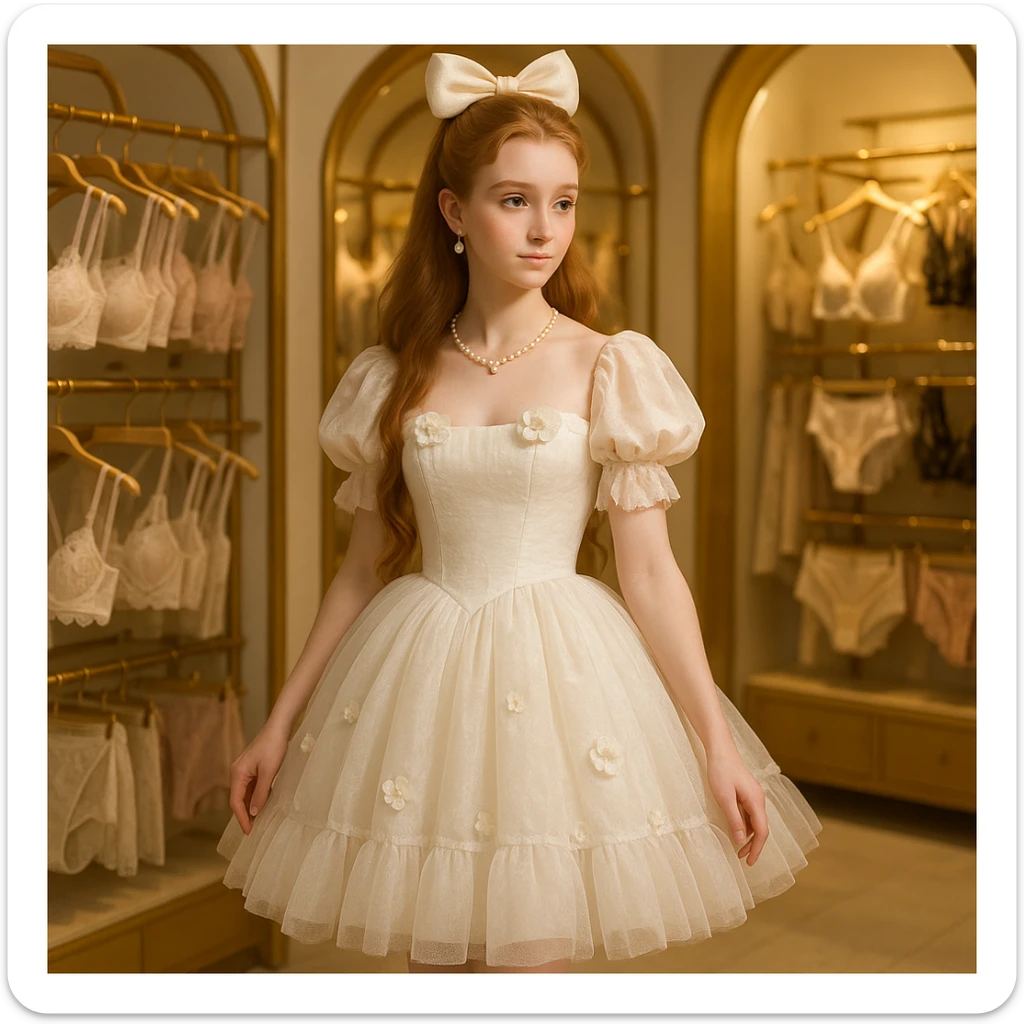 A sweet, fair-skinned princess with long hair, high forehead, princess hairstyle with bow, half-draped, in a white puffy tulle Lolita dress with puff sleeves, tube top, multi-layer tulle skirt, flower decorations, pearl jewelry, white lace-up high heels, standing in a store with elegant lingerie, golden arches, soft lighting, 8k, high definition, full body, long shot, 1:1 ratio, unique angle. sticker