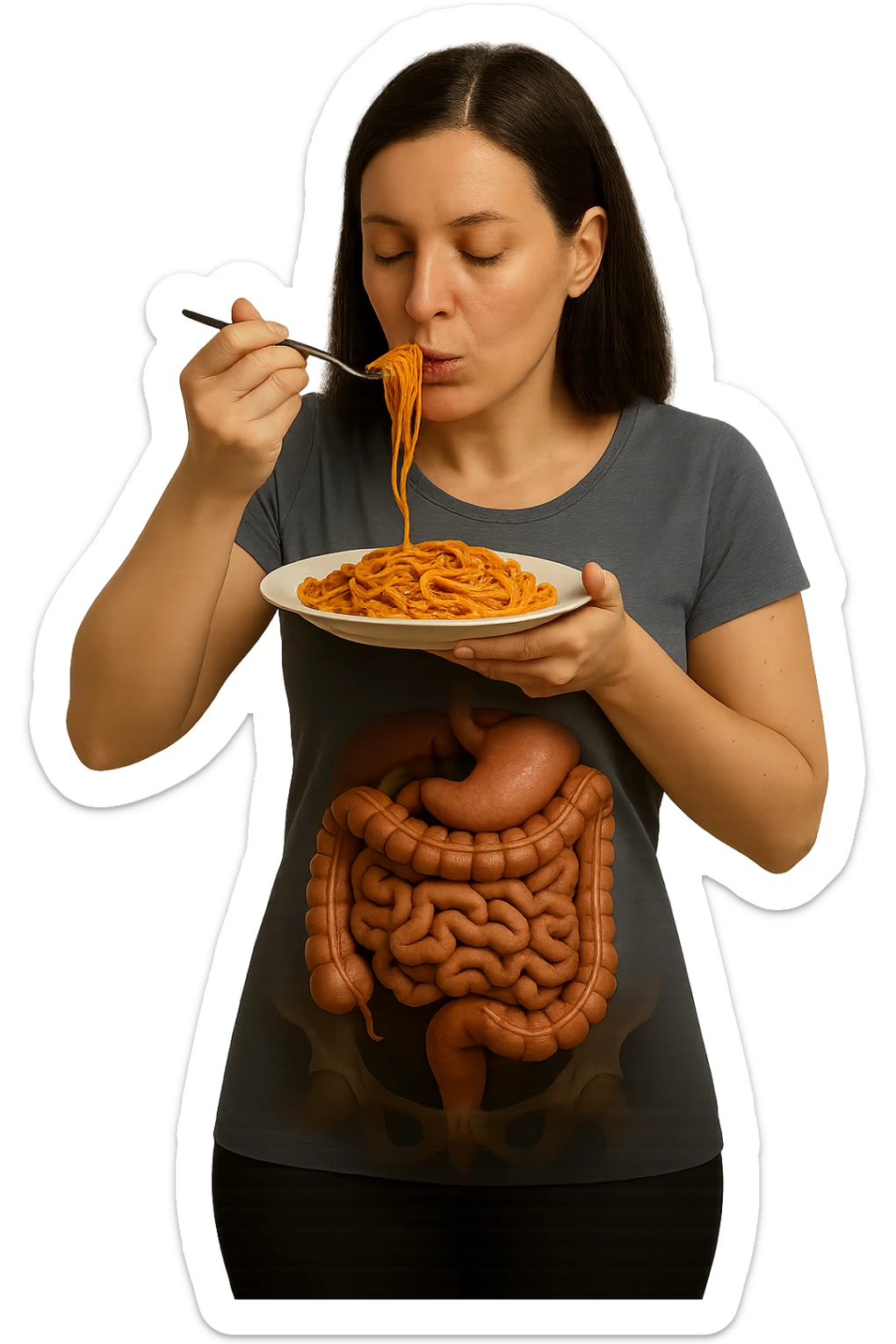 donna con intestino umano anatomico in evidenza che mangia un piatto di pasta, iperrealistico 4k sticker