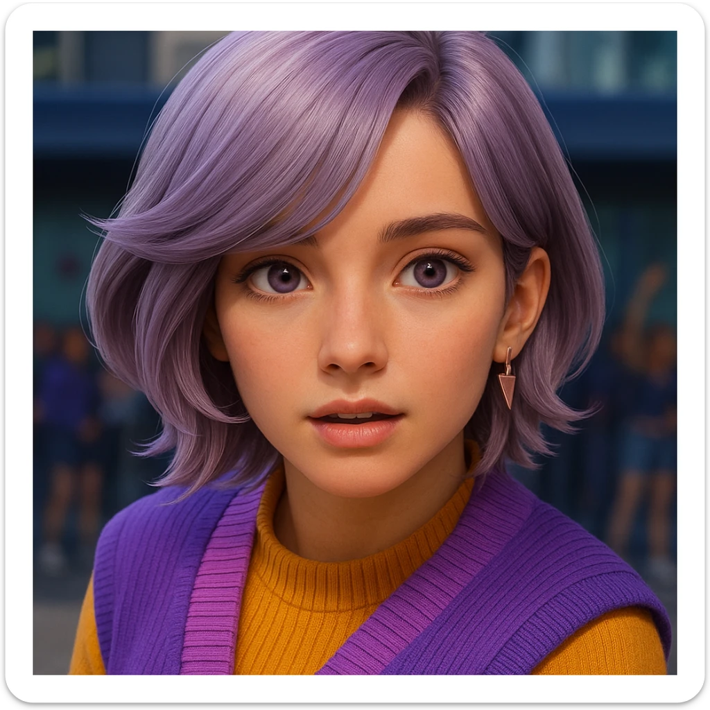 Move the hair away from the face to reveal the eyes, and add natural-looking eyes that match the character's style and expression. Keep the rest of the image unchanged. The style should match the original image's style and expression. sticker