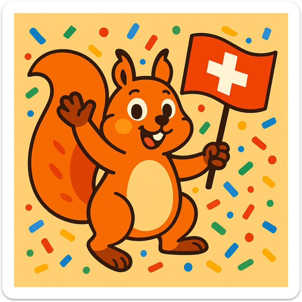 playful squirrel surrounded by confetti, waving a Swiss flag, colorful and lively sticker