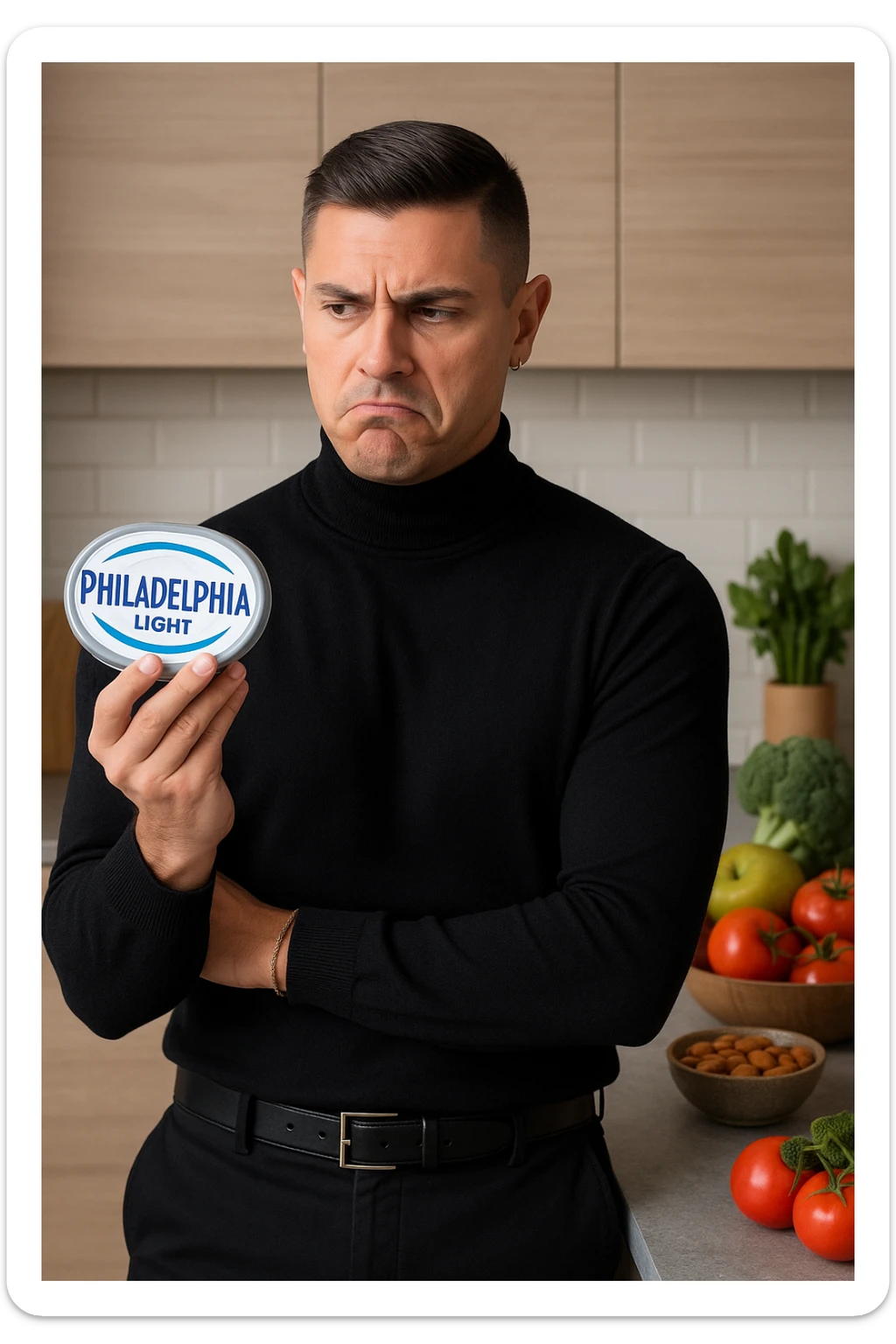 a man stands in his kitchen, holding a tub of Philadelphia Light cream cheese in one hand. He looks at it with a skeptical, slightly disapproving expression, eyebrows furrowed and lips pursed. The background shows a modern kitchen with healthy food options visible on the counter, emphasizing his awareness of better choices. The mood is reflective and subtly critical. sticker