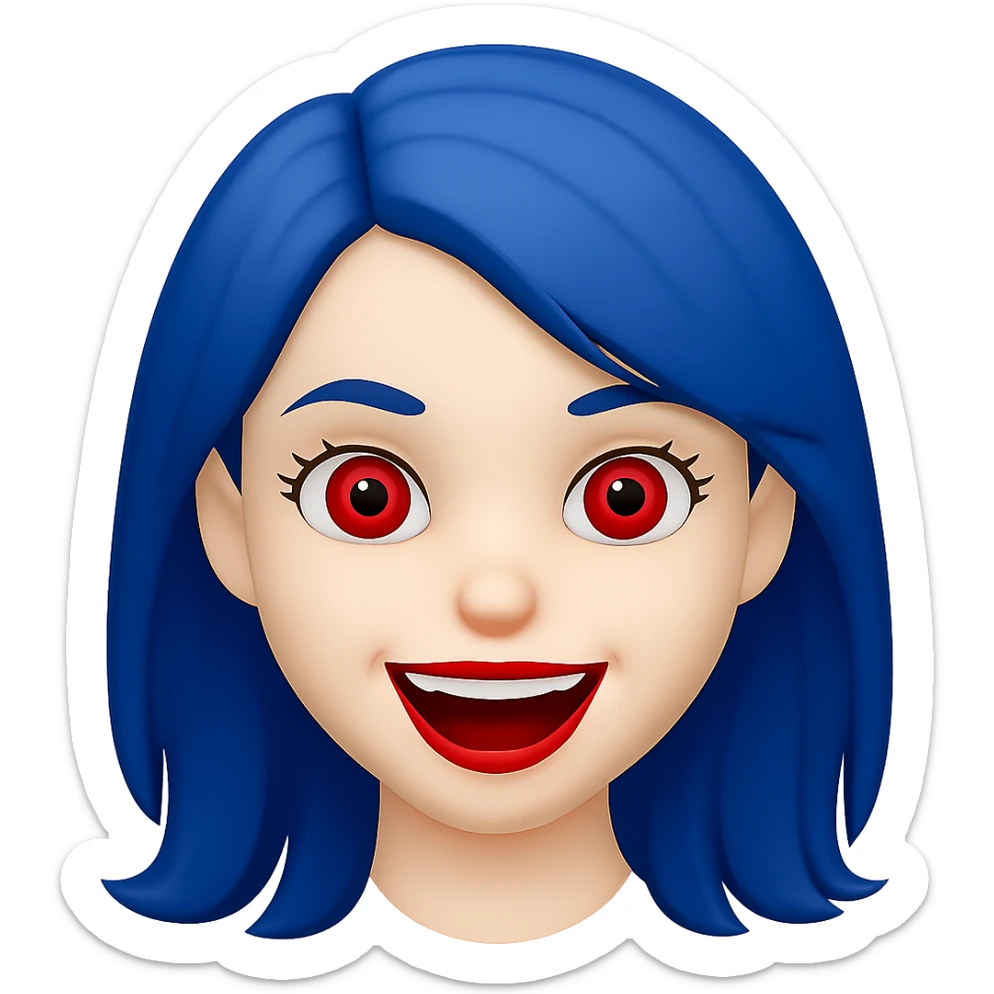Change hair color to blue, keep white girl with red eyes, cute but scary face laughing, in emoji style similar to apple style emojis, concise prompt. sticker