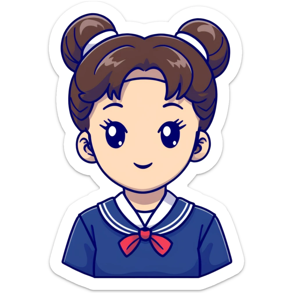Ultra cute Japanese schoolgirl with high odango bun hairstyle wearing Japanese school uniform with sailor collar sticker