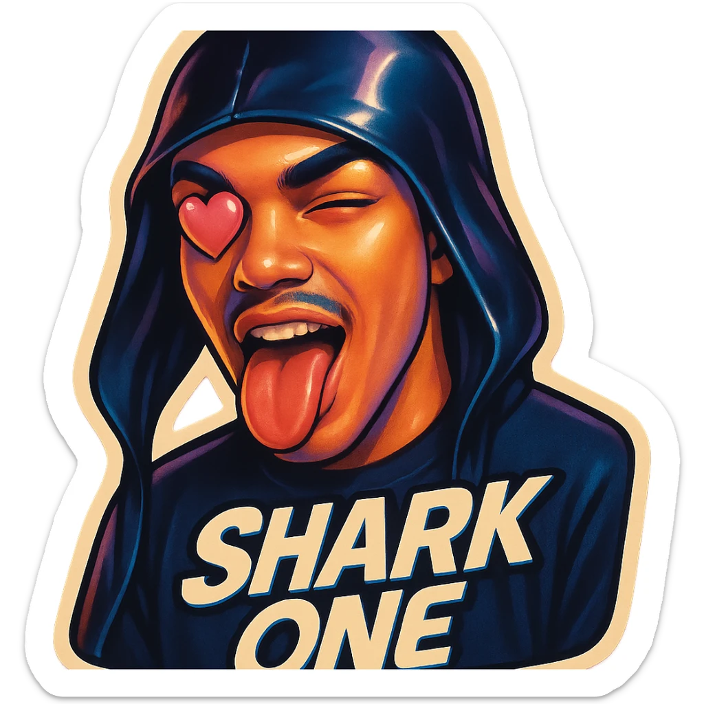 mouth open with tongue out
heart shaped eye
add the words “ Shark One " in White sticker