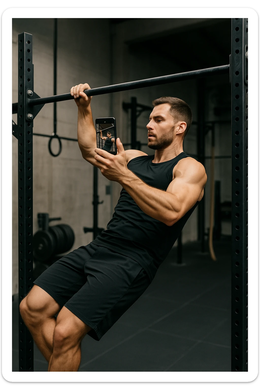 uomo che fa Muscle up e si sta filmando di lato con il telefonino che lo riprende mentre si allena, così da analizzarsi dopo sticker