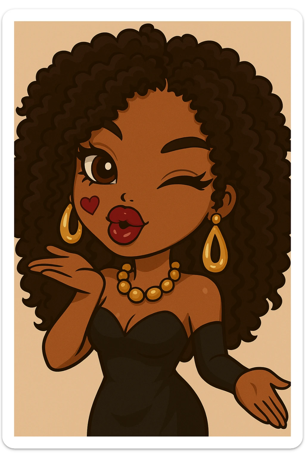 Headshot of a 20-year-old anime Bratz style woman with dark skin, curly hair, winking and blowing a kiss, glamorous evening wear, big expressive eyes, glossy lips, happy expression, no hat, no tears. sticker
