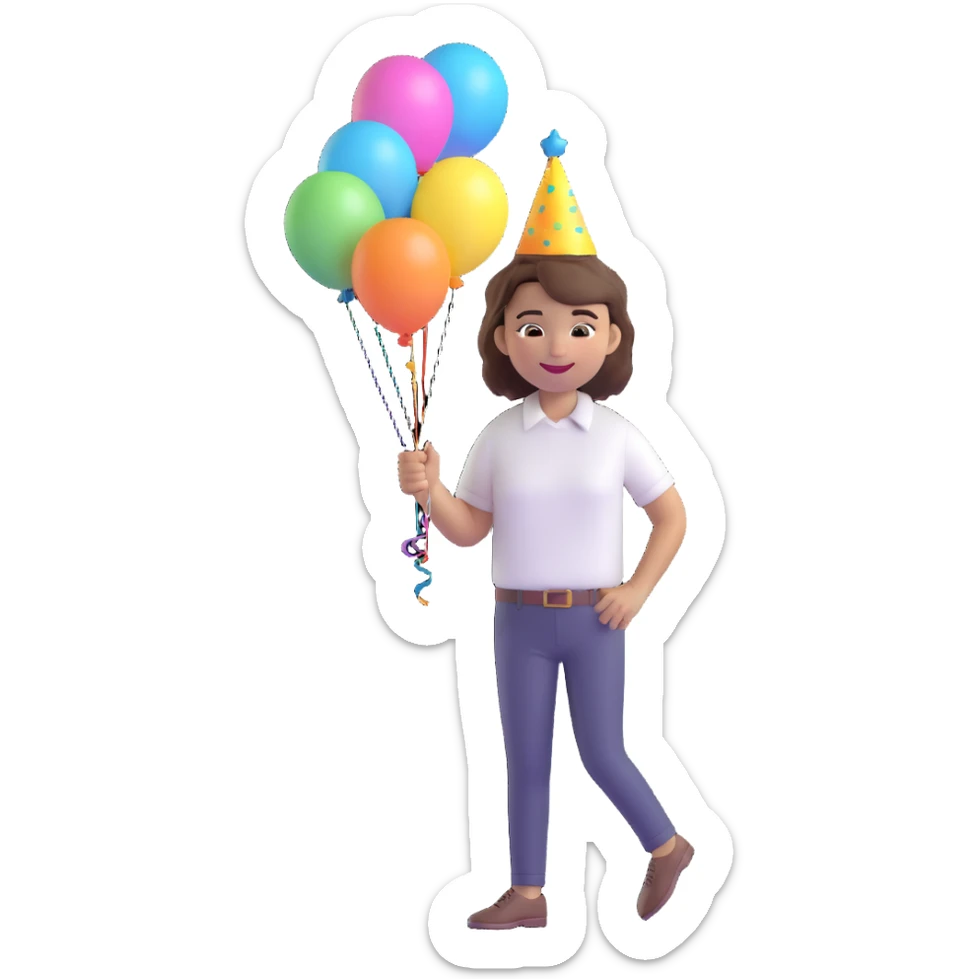3D emoji style character with short tousled brown hair, light skin, white shirt, festive party vibe, holding a balloon, smiling, wearing a party hat, fiestero emoji sticker
