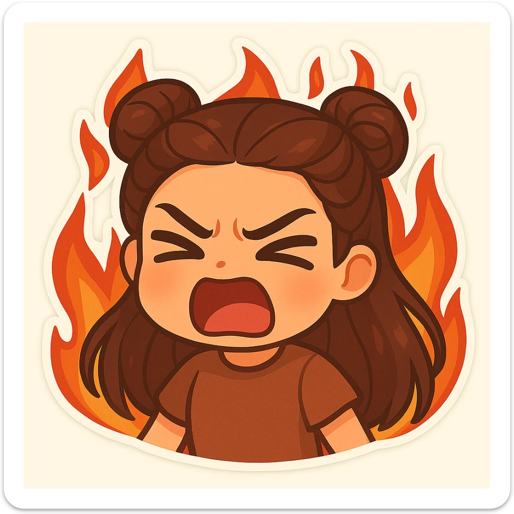 Create a chibi sticker of a girl with double bun hairstyle, same face and clothes as previous stickers, angry and screaming with a furious expression, surrounded by flames. sticker