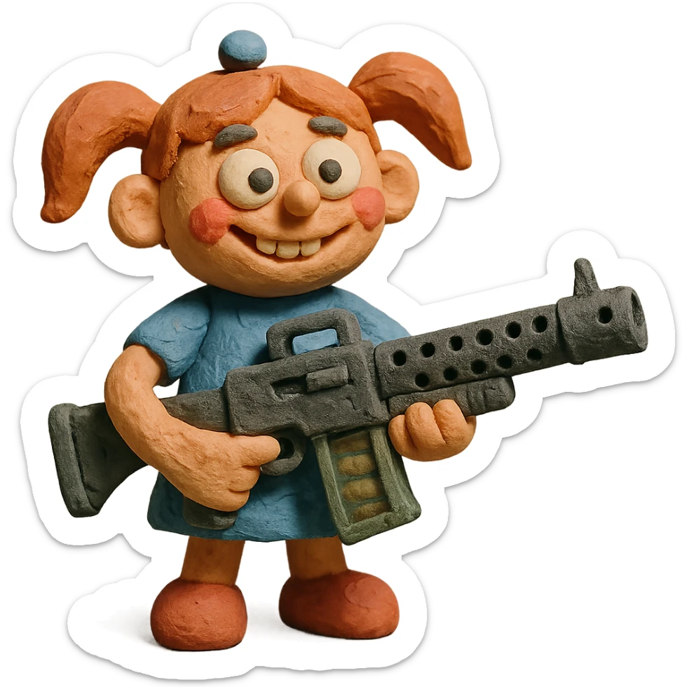 funny, positive stalker girl named Businka with a huge machine gun sticker