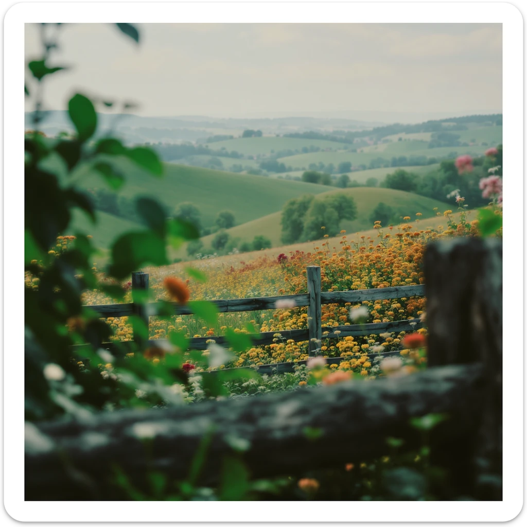 "Two shot" in the foreground, blurred plants in the foreground (frame within a frame), a wooden fence and colorfull flowers in the midground, Poland, rolling hills in the background, cinematic depth of field, layered composition, natural lighting sticker