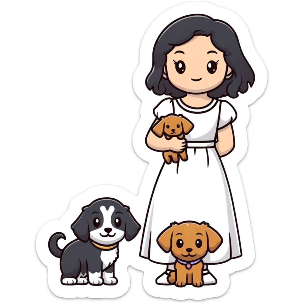 beautiful girl with long black hair in a white dress holding a small brown curly-haired dog sticker