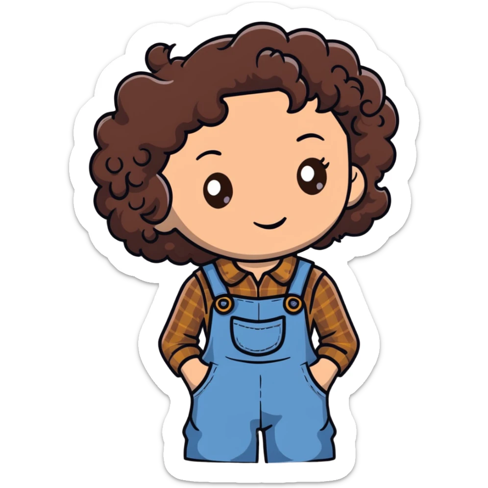 white girl with very curly dark brown hair, brown eyes, wearing farm clothes sticker