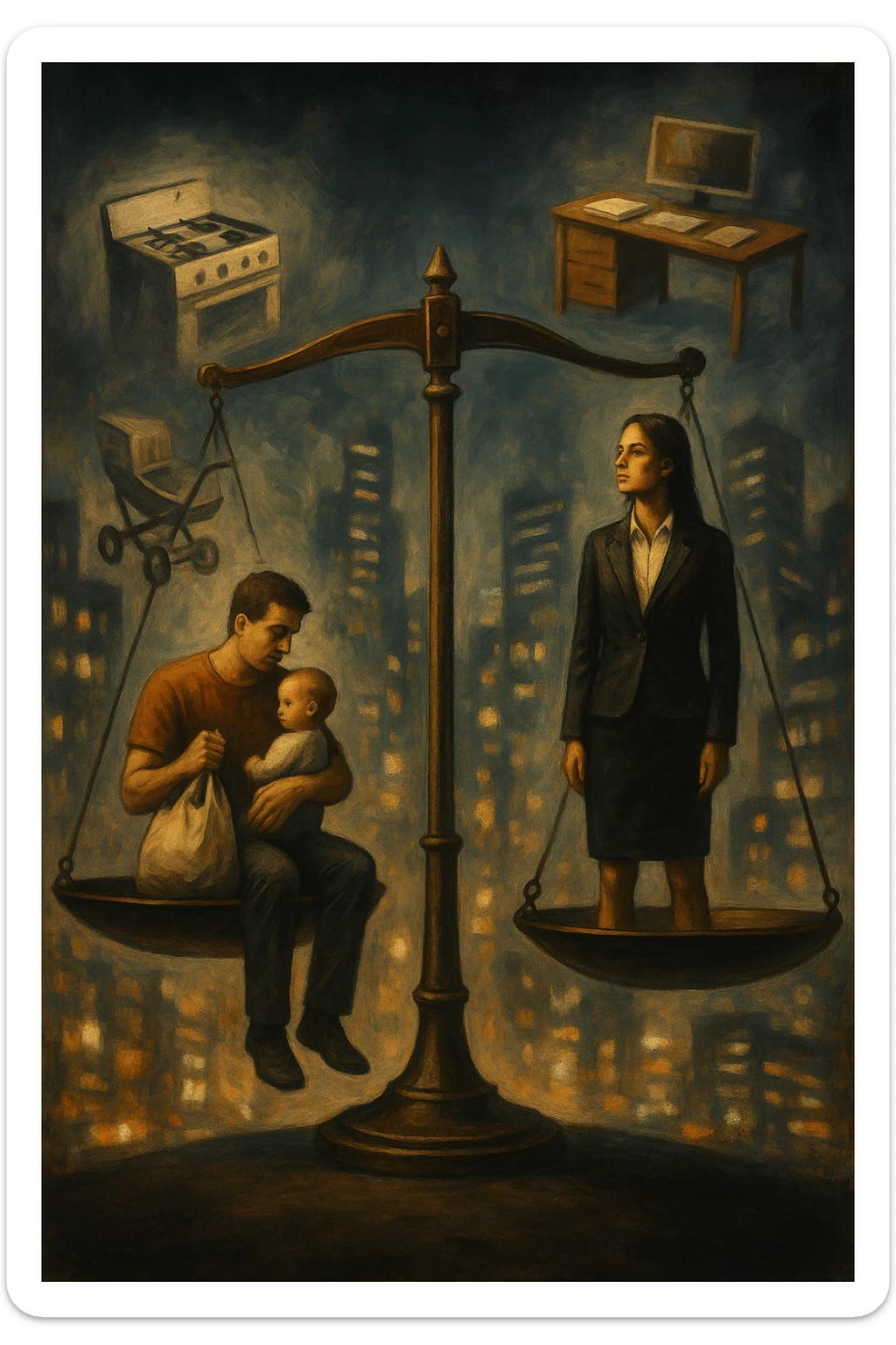Scena metaforica: una bilancia sociale sbilanciata, con un uomo seduto da un lato con un bambino in braccio e una borsa della spesa, mentre una donna in carriera in abiti formali guarda lontano con espressione determinata. Intorno a loro, simboli confusi dei ruoli tradizionali (fornello, scrivania, passeggino, ufficio). Sullo sfondo, una città moderna e caotica. L’atmosfera è riflessiva, non giudicante. Luci contrastate, come a simboleggiare tensione culturale. in italiano sticker