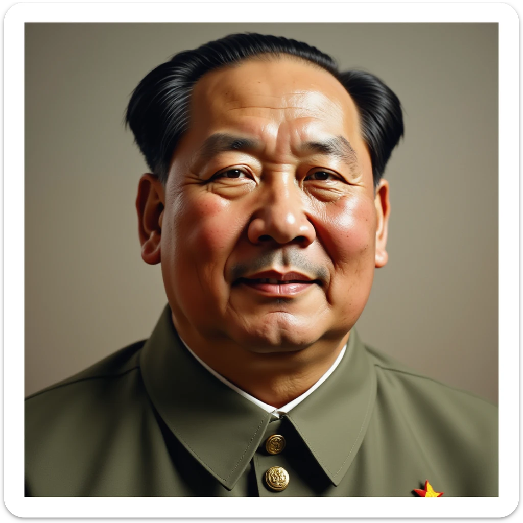 realistic photorealistic portrait of Mao Zedong as the chairman of the Chinese Communist Party, red background sticker