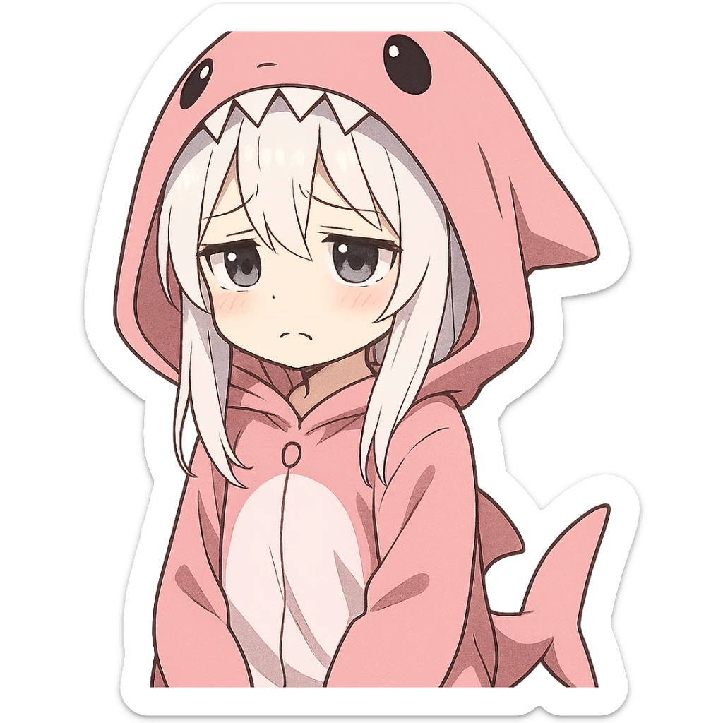 anime style girl, white hair, pink shark onesie, sad and adorable expression sticker