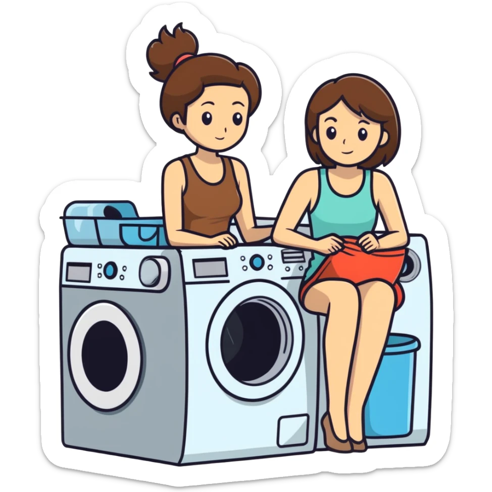 Caucasian woman with brown hair and big boobs wearing a tank top sitting on a washer and dryer sticker