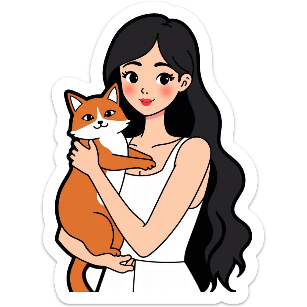 beautiful girl with long black hair wearing a white dress holding an Abyssinian cat with reddish-brown fur in her arms sticker