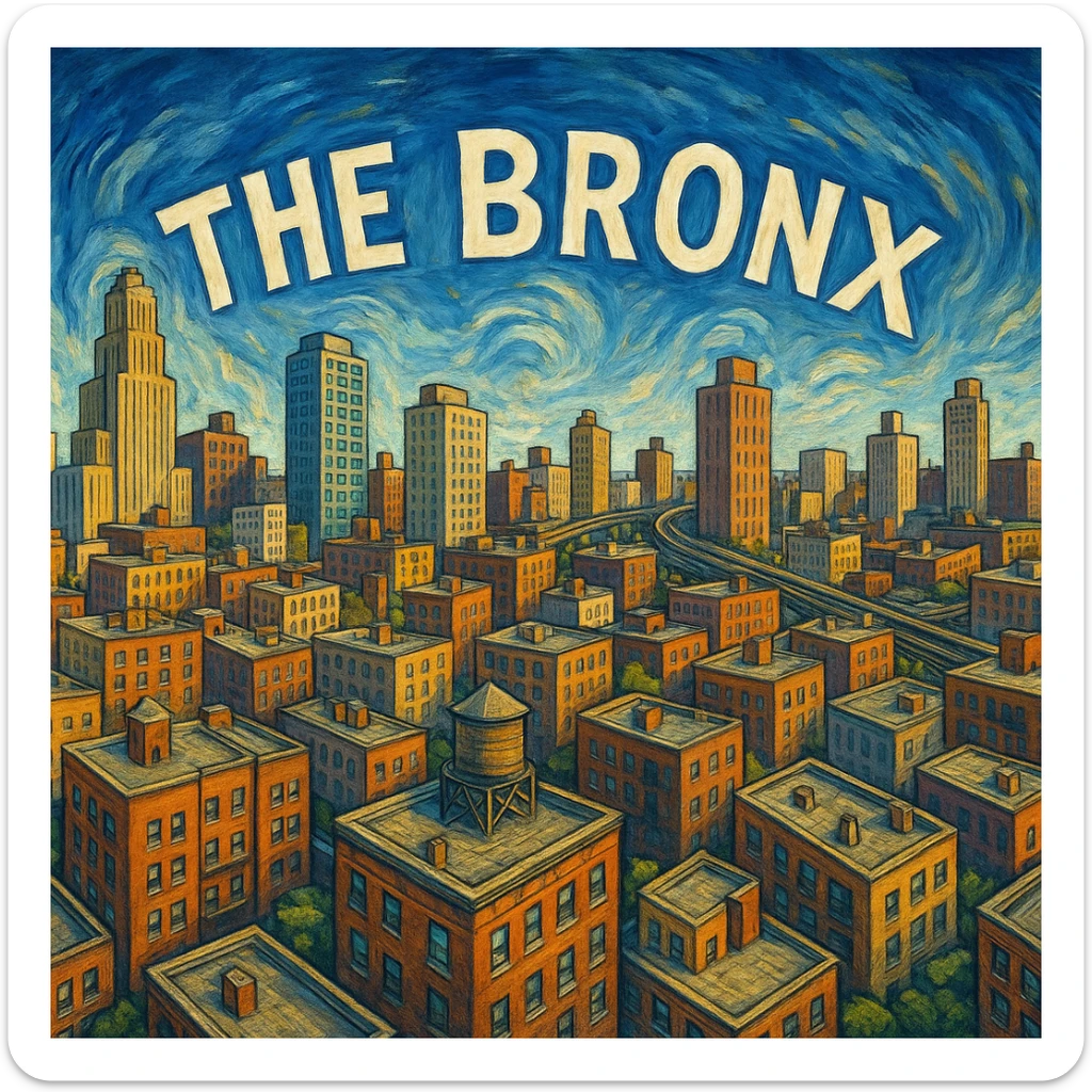360-degree panoramic illustration of the Bronx skyline, with a mix of residential and commercial buildings, stylized artistic style sticker