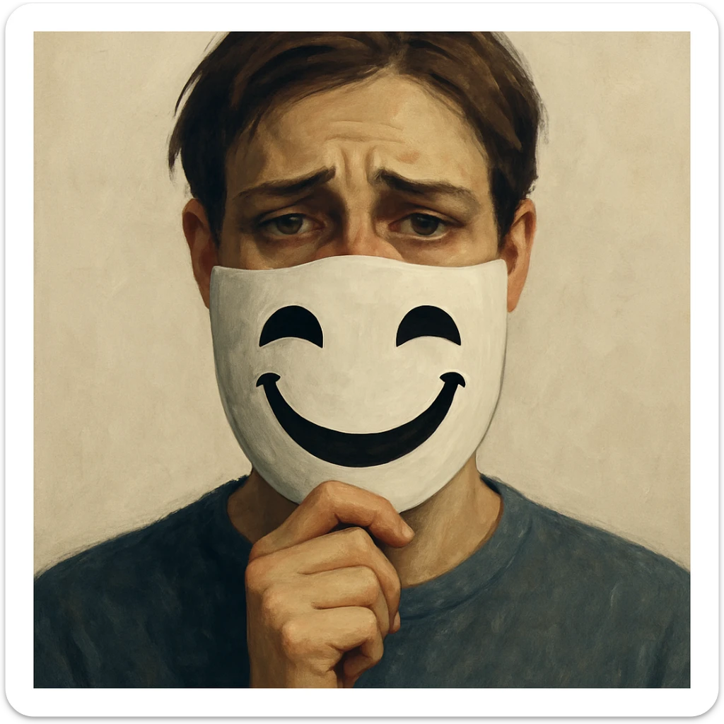 a person hiding their sadness, wearing a mask with a smile, but sad eyes visible, simple background, contemporary digital art style sticker