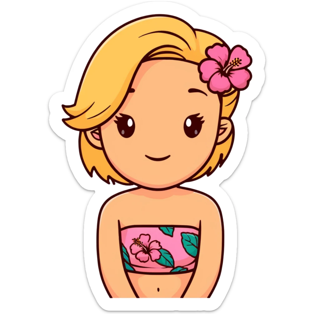 tan girl with dark brown hair and blonde highlights with a hibiscus flower in her hair wearing a pink tube top with tan lines showing sticker