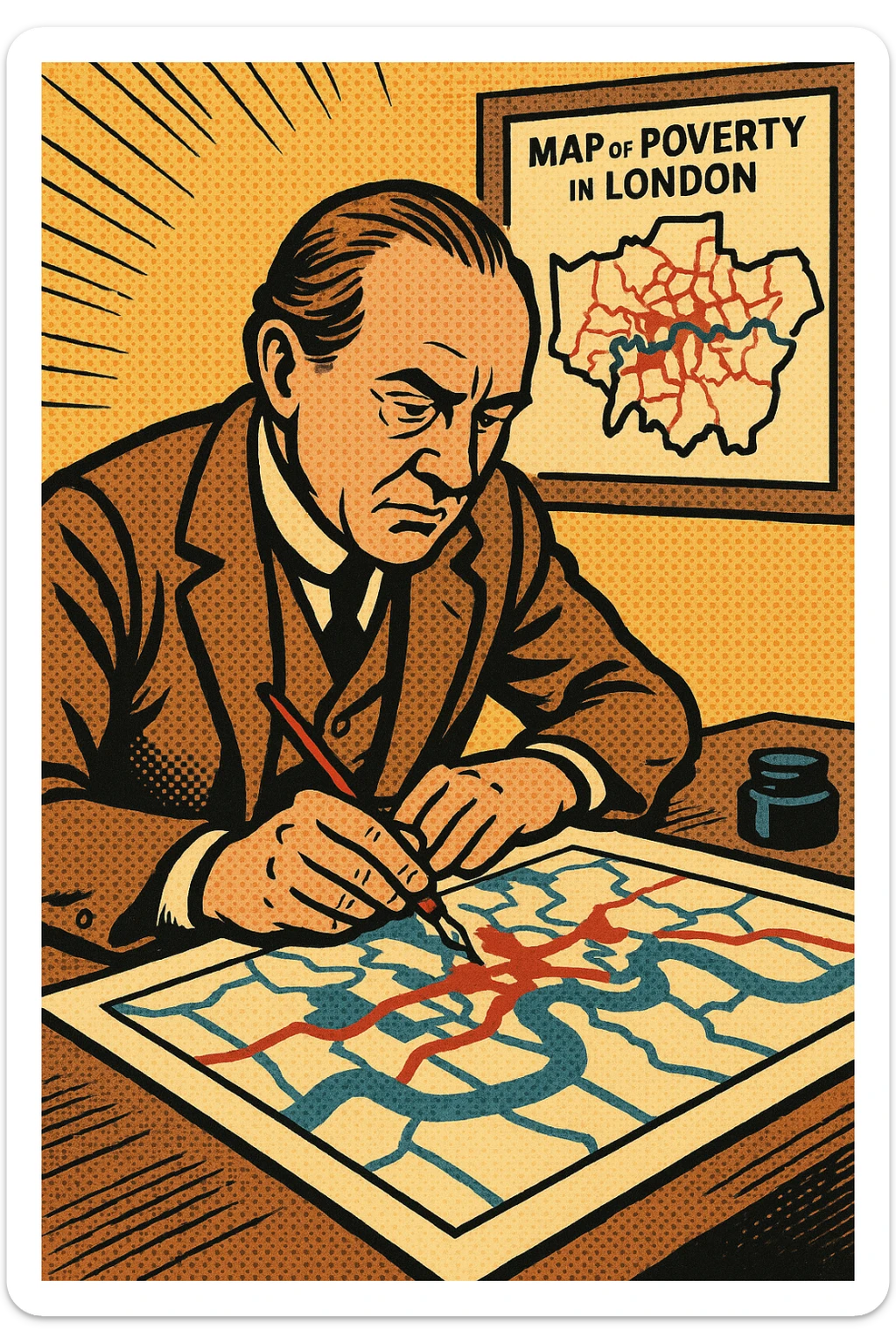 Charles Booth sitting at his desk creating a map of poverty in London sticker