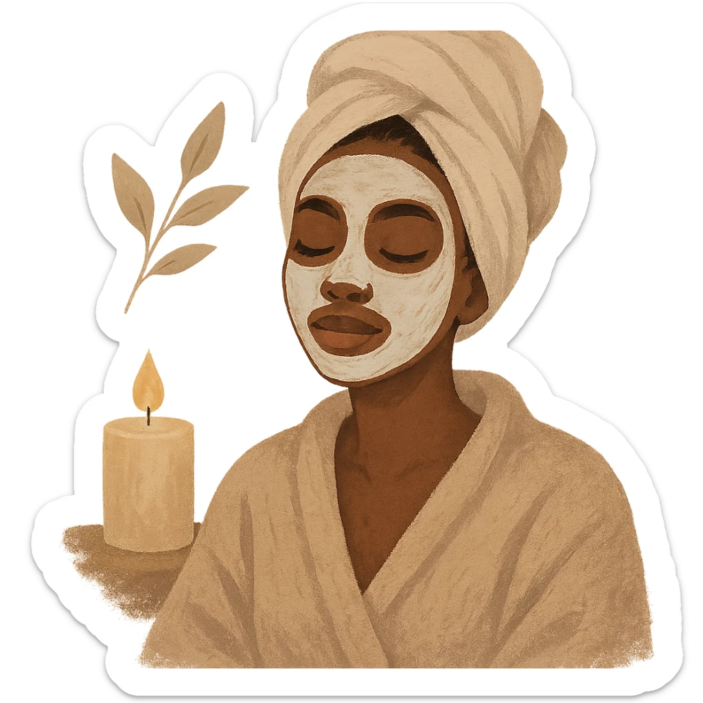 self care aesthetic, black girl with brown skin, relaxing with a face mask and towel, cozy and serene atmosphere sticker