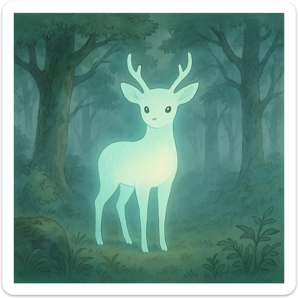 glowing animal-like forest spirit in a misty woodland, ethereal and gentle, ghibli style sticker