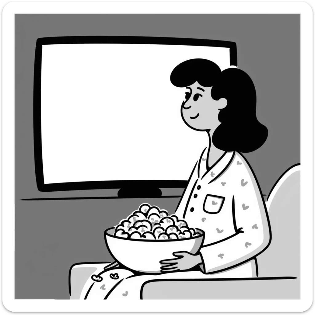 Hand-drawn person in pajamas watching movie at home with a big bowl of popcorn, tv light glowing sticker