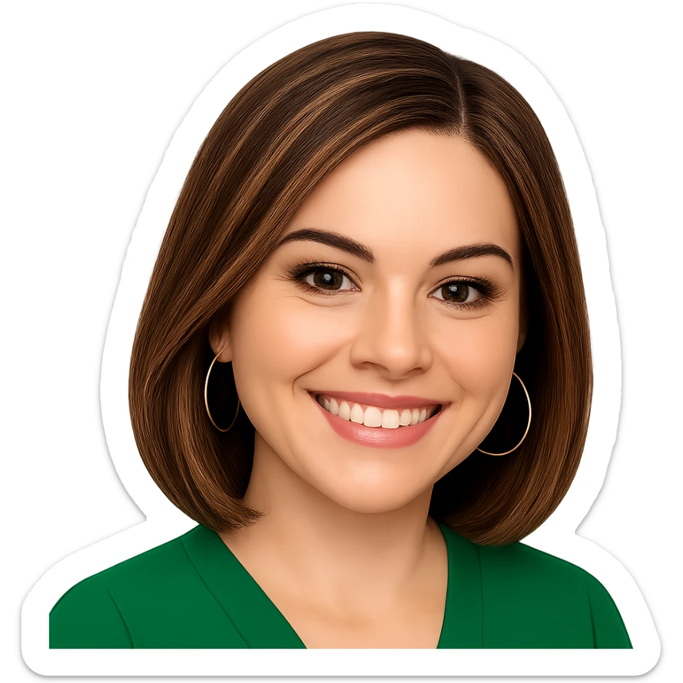 Edit the image to make the hair brunette with blonde highlights, focusing on the face with a clean and classic look. Keep the detailed emoji style as the original. Remove the background and avoid any extra accessories. sticker